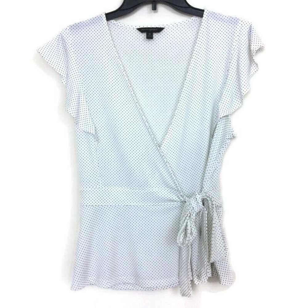 Banana Republic Faux Wrap Blouse Top White Black Polka Dot Cap Sleeve Size Med.